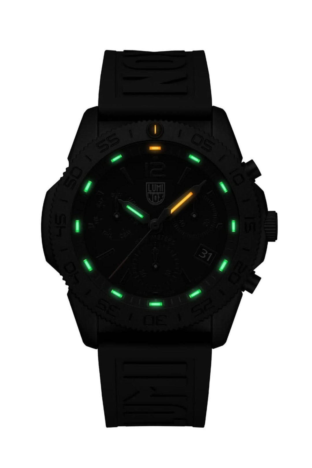 Montre Pacific Diver 3141.BO avec boîtier en acier inoxydable et bracelet en caoutchouc noir, design lumineux.