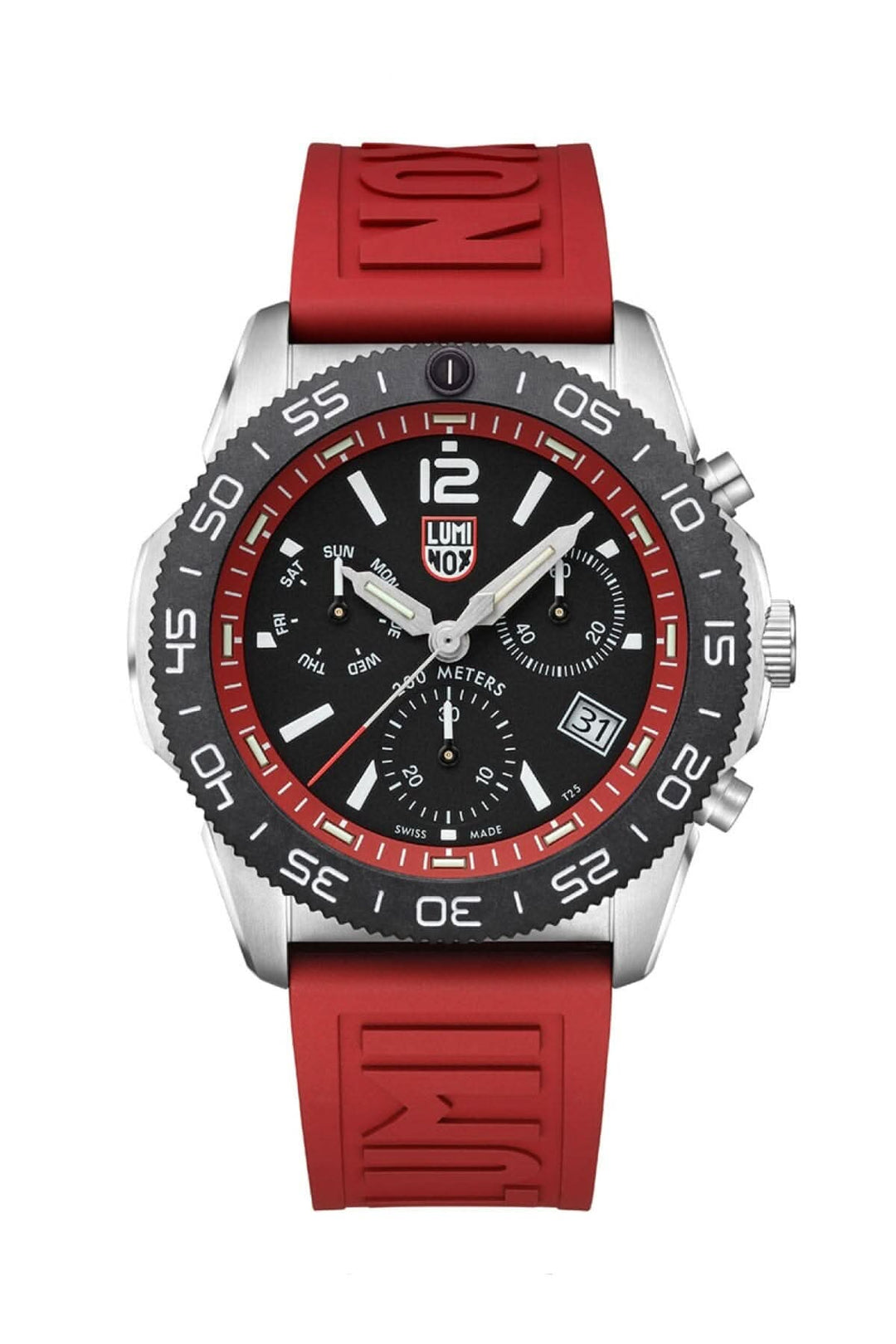 Montre Pacific Diver 3155 avec boîtier en acier inoxydable et bracelet en caoutchouc rouge, résistante à l'eau.