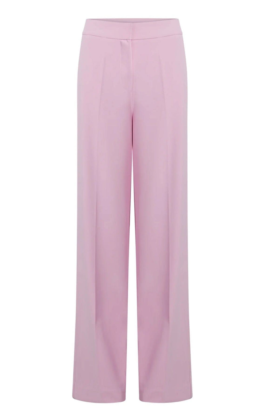 Pantalon Alba rose avec jambes larges, plis, boutons cachés et fermeture à glissière, look professionnel.