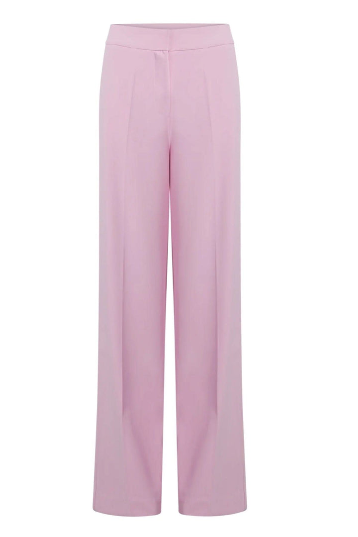 Pantalon Alba rose avec jambes larges, plis, boutons cachés et fermeture à glissière, look professionnel.