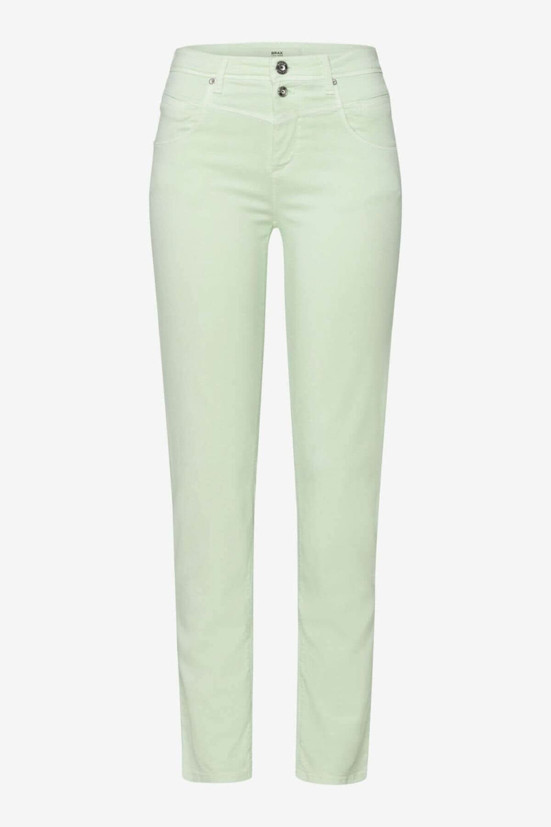 Pantalon femme cinq poches de coupe skinny couleur vert clair, style sportif, marque Brax.