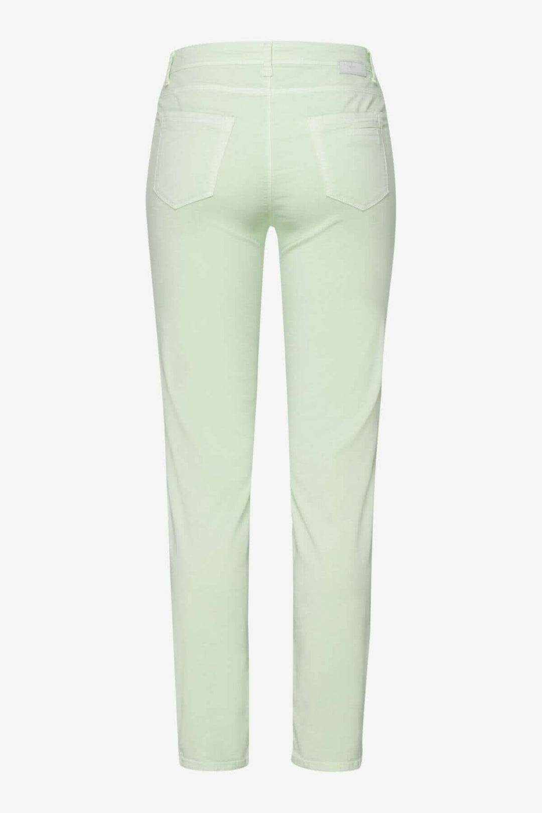 Pantalon femme en couleur menthe de marque Brax, vue arrière avec cinq poches et coupe skinny.