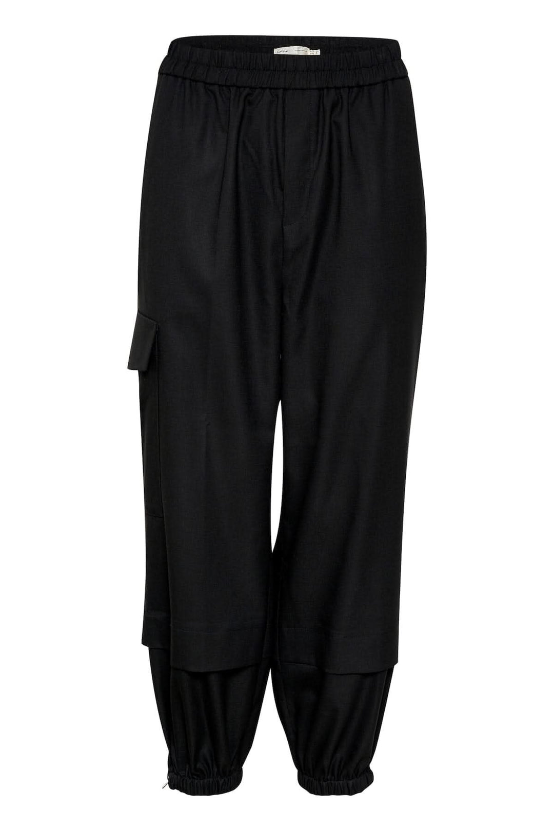 Pantalon cargo noir avec taille élastique et poches, coupe décontractée, longueur cheville.