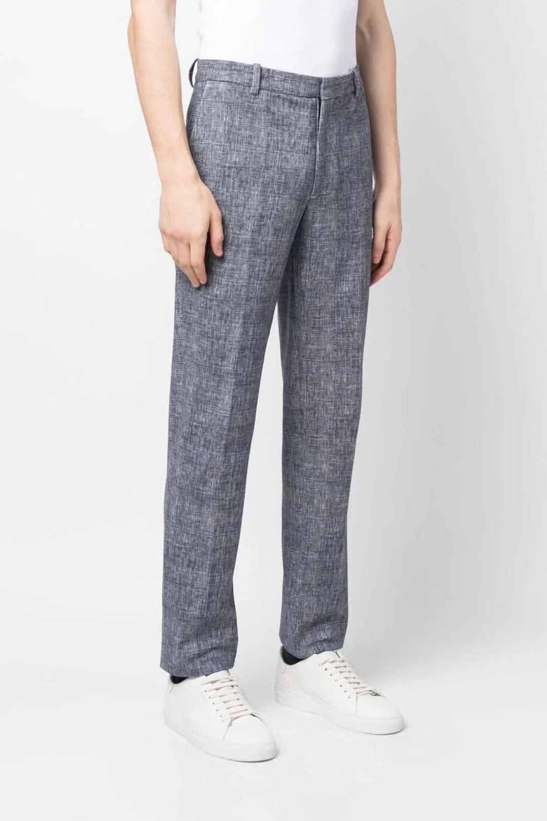 Pantalon en coton extensible CIRCOLO 1901, bleu, jambe droite, motif à carreaux, poches et ceinture.