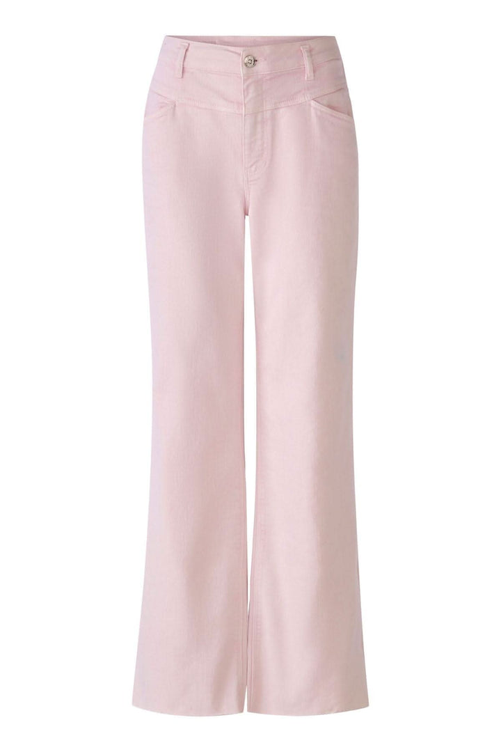 Pantalon jambe évasée taille haute en rose pâle, avec poches avant et arrière, pour un look tendance.