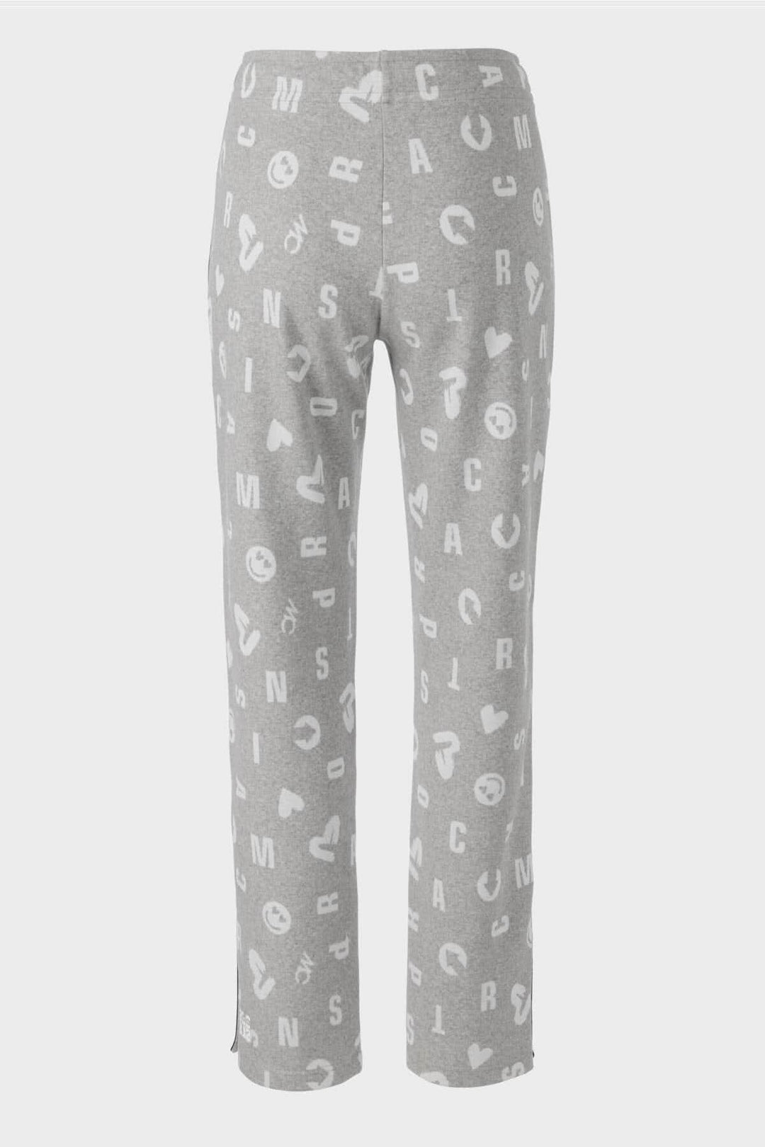 Pantalon jogging Roanne en maille fine gris argenté avec motif lettres, cœurs et smileys, poches latérales.