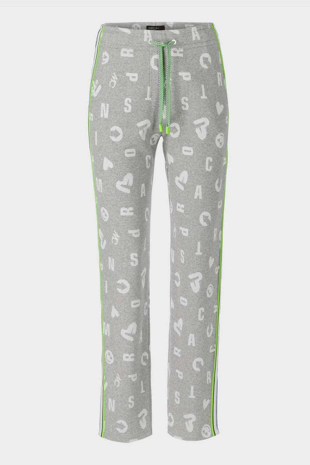 Pantalon jogging Roanne en maille fine grise avec motifs lettres et cœurs, bandes colorées et cordon de serrage.