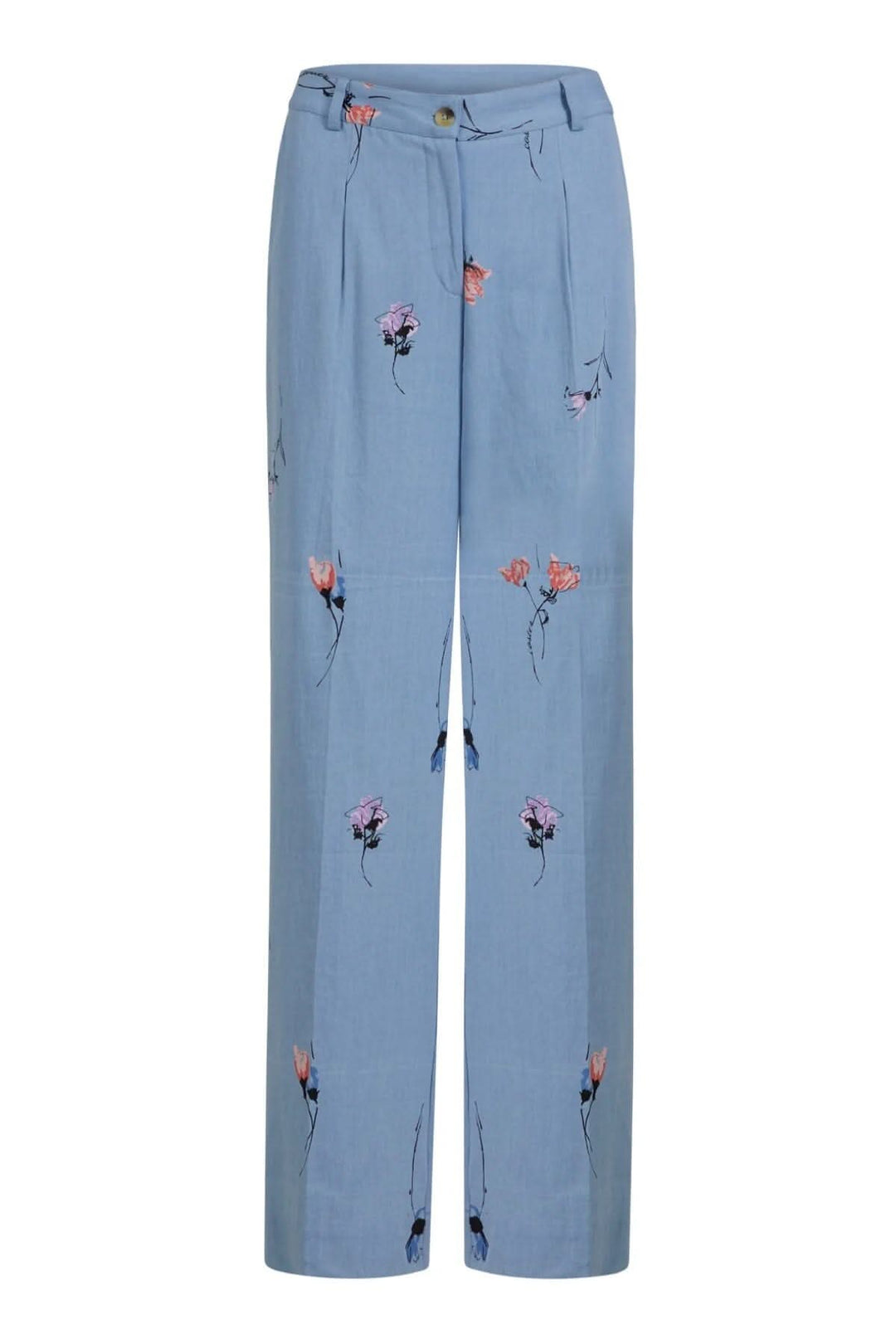 Pantalon large en denim bleu avec imprimé floral coloré, coupe baggy et poches avant et arrière.