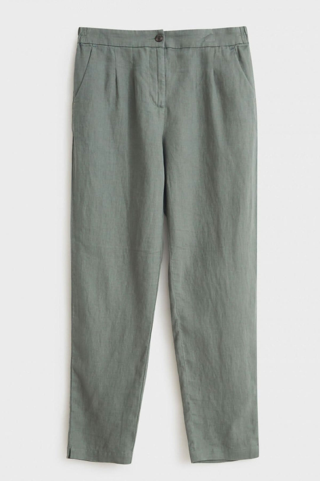 Pantalon Maddie, léger en lin, élastique au dos, poches pratiques, couleur vert olive, parfait pour les temps chauds.