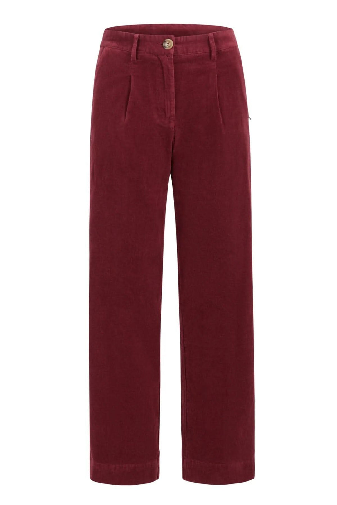 Pantalon Petra en velours côtelé bordeaux, jambes larges et poches, style décontracté et original.