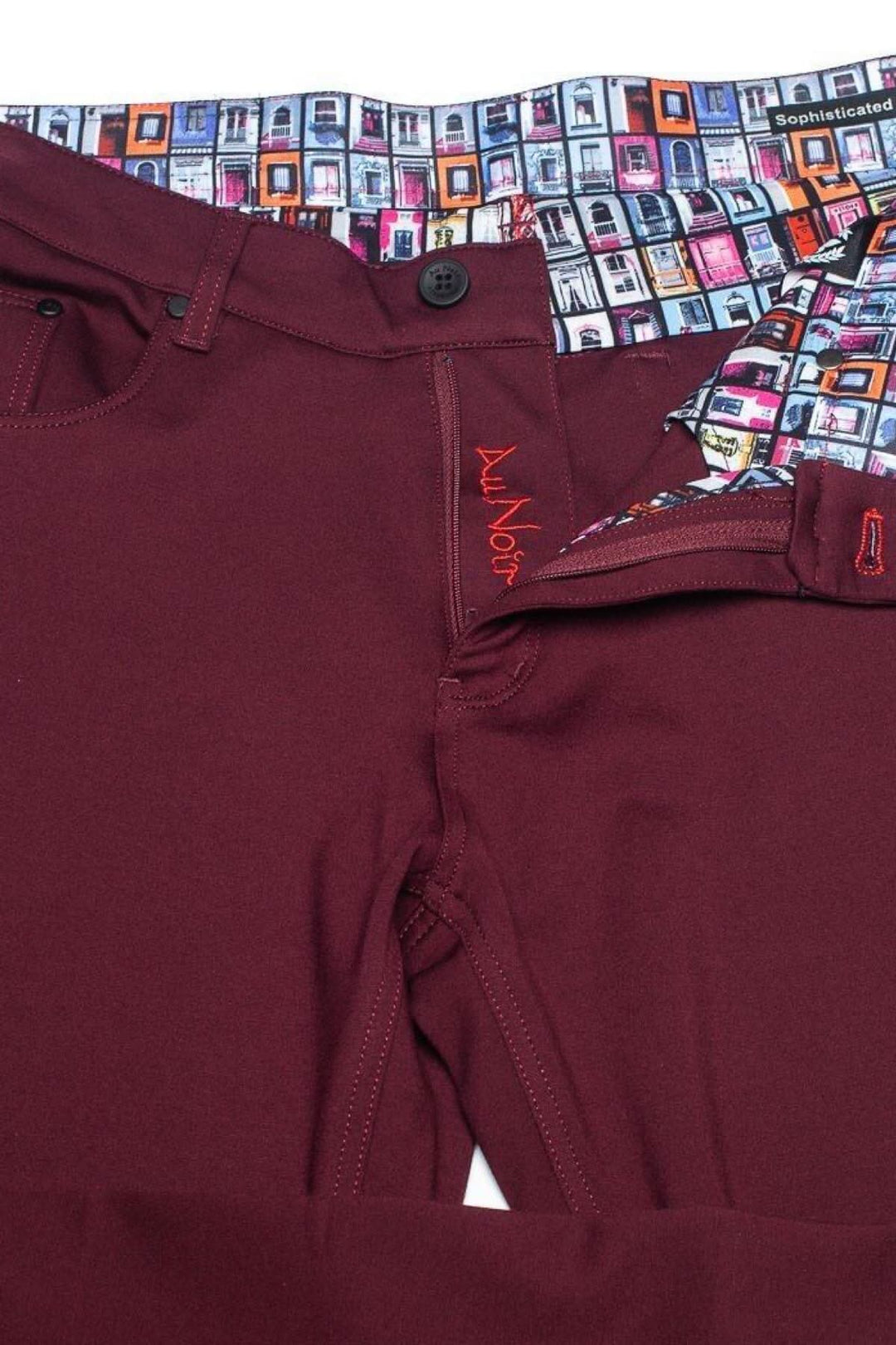 Pantalon stretch habillé Au Noir 2023 avec motif coloré sur la ceinture et coupe slim fit, 5 poches.