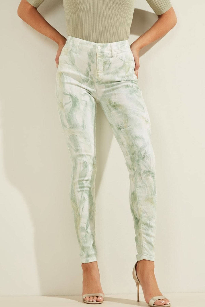 Pantalon taille haute marbré avec coupe étroite, motif unique, et finition raffinée, parfait pour un look printanier.