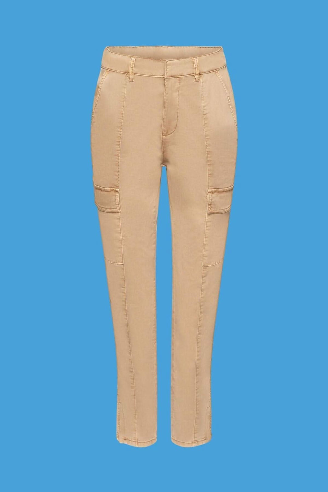 Pantalon cargo taille mi-haute en coton extensible, couleur beige, avec 4 poches et taille élastique.