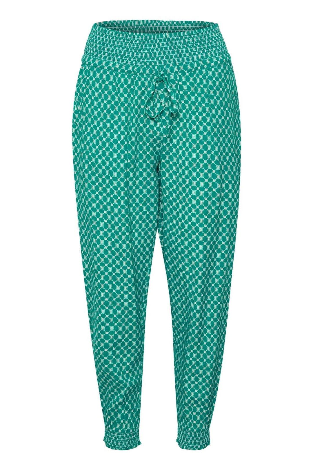Pantalon Willis en vert, taille élastique avec cordon de serrage et bas élastiques pour effet ballon.