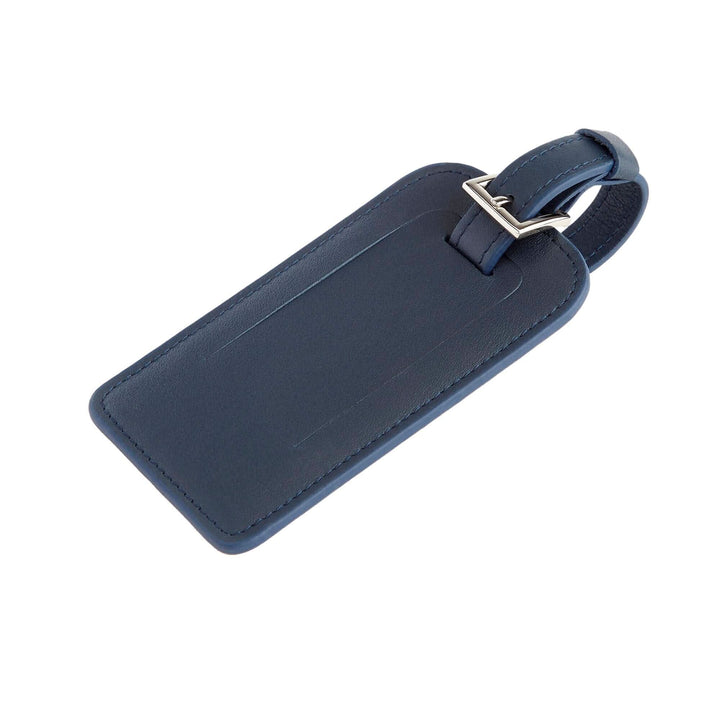 Étiquette à bagages en cuir bleu, élégante et pratique pour voyages.