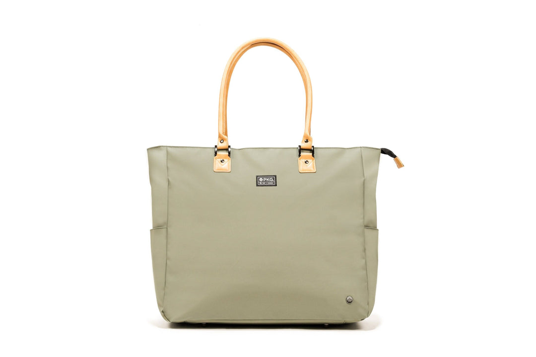 PKG Georgian 33L tote bag in olive green with leather handles, weather-resistant fabric, perfect for travel and overnight trips.