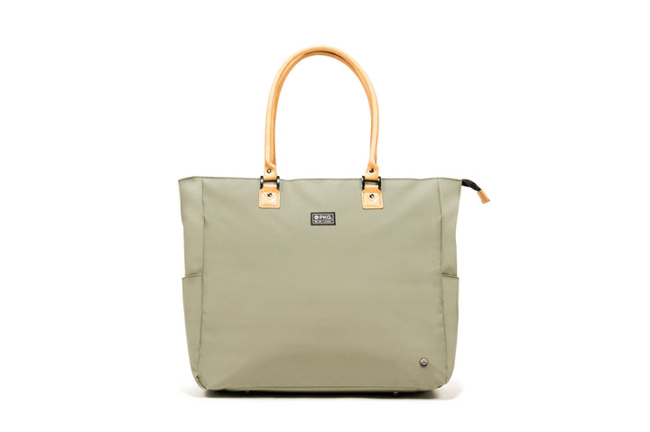 PKG Georgian 33L tote bag in olive green with leather handles, weather-resistant fabric, perfect for travel and overnight trips.