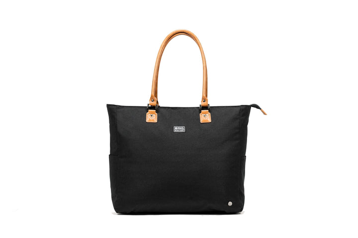 PKG Georgian Recycled 33L Tote Bag in black with faux leather accents and padded base, ideal for travel.
