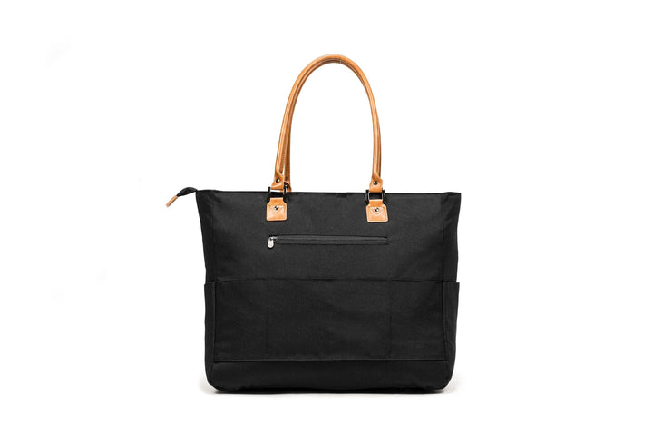 PKG Georgian 33L tote bag in black with faux leather accents, perfect for travel and overnight trips.