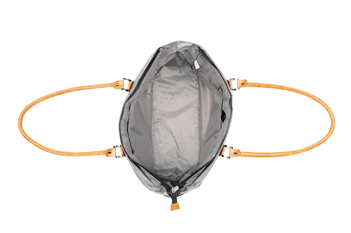 Interior view of PKG Georgian 33L Tote Bag showcasing striped lining and sturdy faux leather handles.
