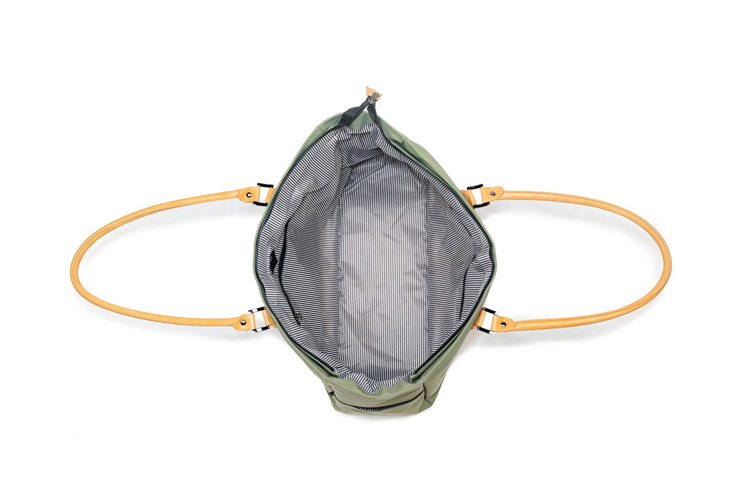 Interior view of PKG Georgian 33L tote bag showing padded base and stylish striped lining.