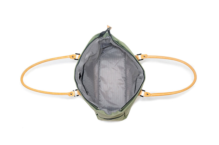 Interior view of PKG Georgian 33L tote bag showing padded base and stylish striped lining.