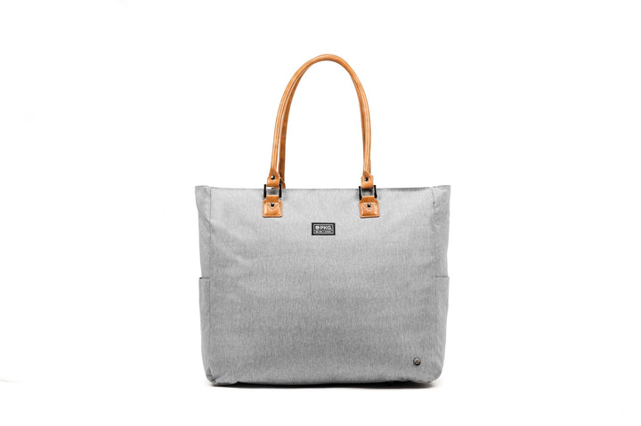 PKG Georgian 33L tote bag in grey with faux leather accents and padded base for travel and overnight trips.