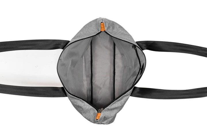 Inside view of the PKG Lawrence 16L Tote Bag showing striped interior and spacious compartments for everyday use.