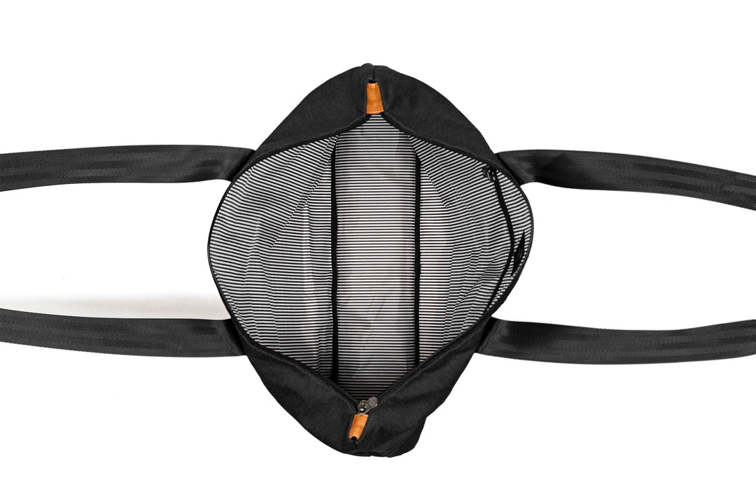 Interior view of PKG Lawrence 16L Tote Bag showing striped lining and spacious compartments.