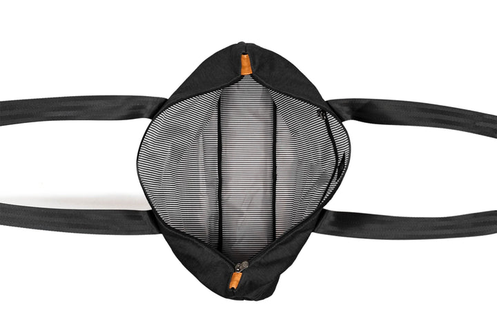 Interior view of PKG Lawrence 16L Tote Bag showing striped lining and spacious compartments.