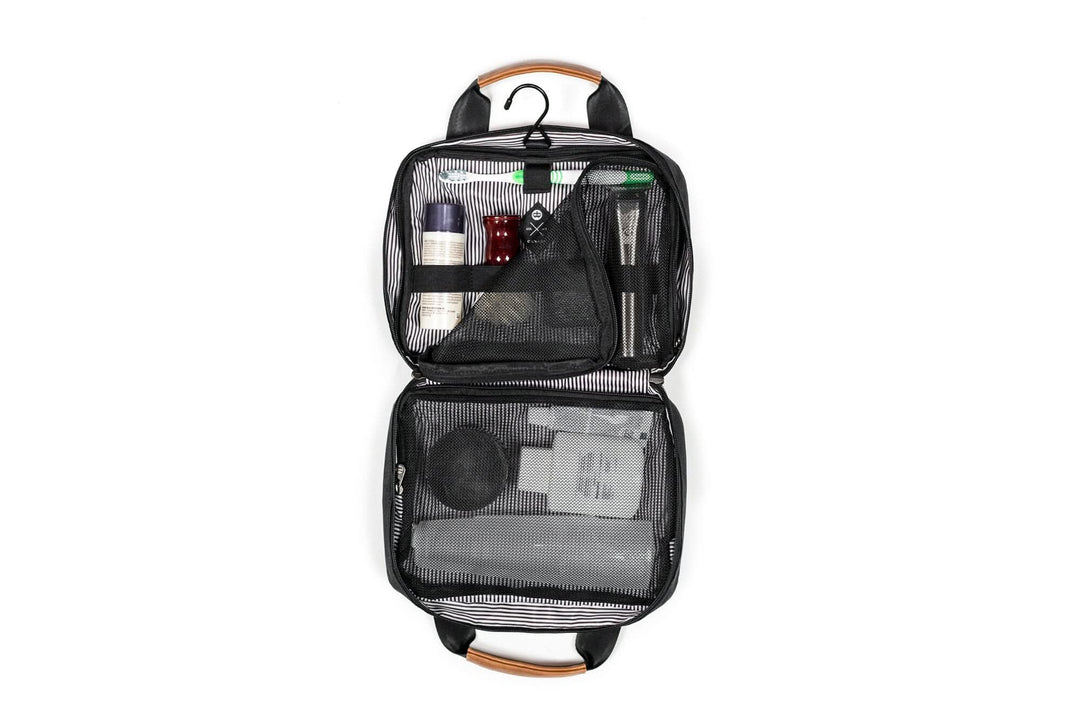 PKG Simcoe recycled essentials bag, organized toiletry storage with elastic organizers and hanging hook.