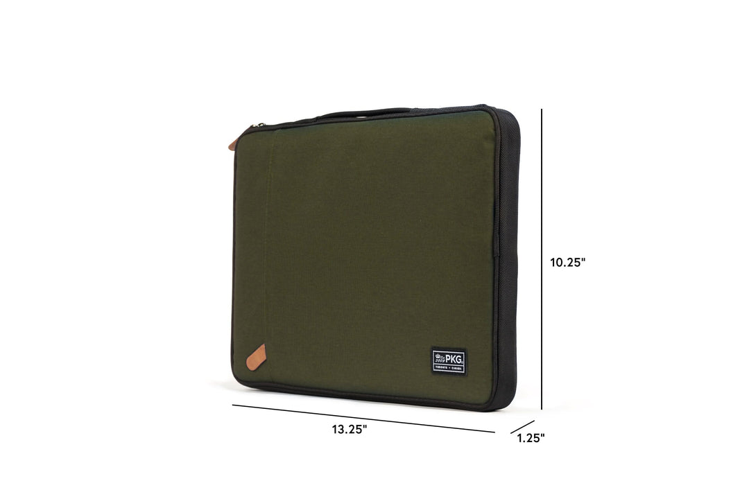 Pochette PKG Stuff pour ordinateur portable en polyester, dimensions 13.25" x 10.25" x 1.25", couleur olive.