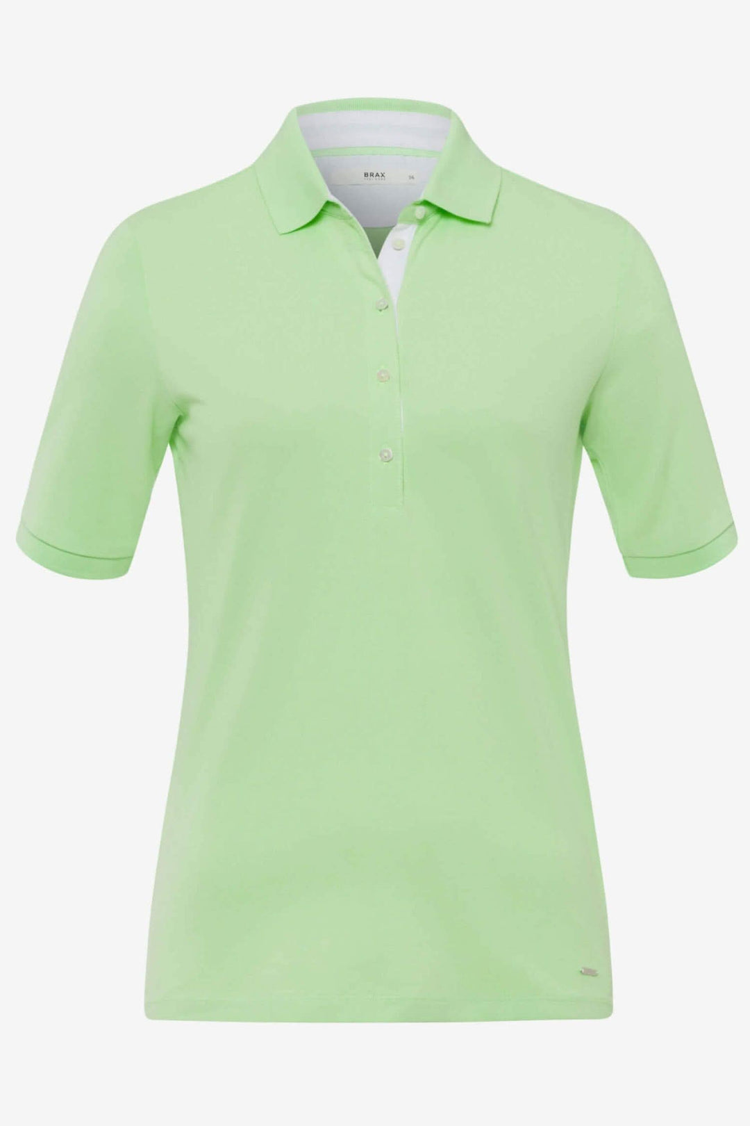 Polo Cleo femme en coton-élasthanne, couleur vert pastel, manches courtes, style moderne, confortable et respirant.