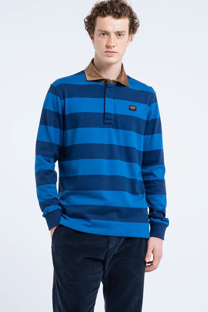 Polo rugby ligné bleu de Paul and Shark, avec col de velours, style décontracté, 100% coton biologique.