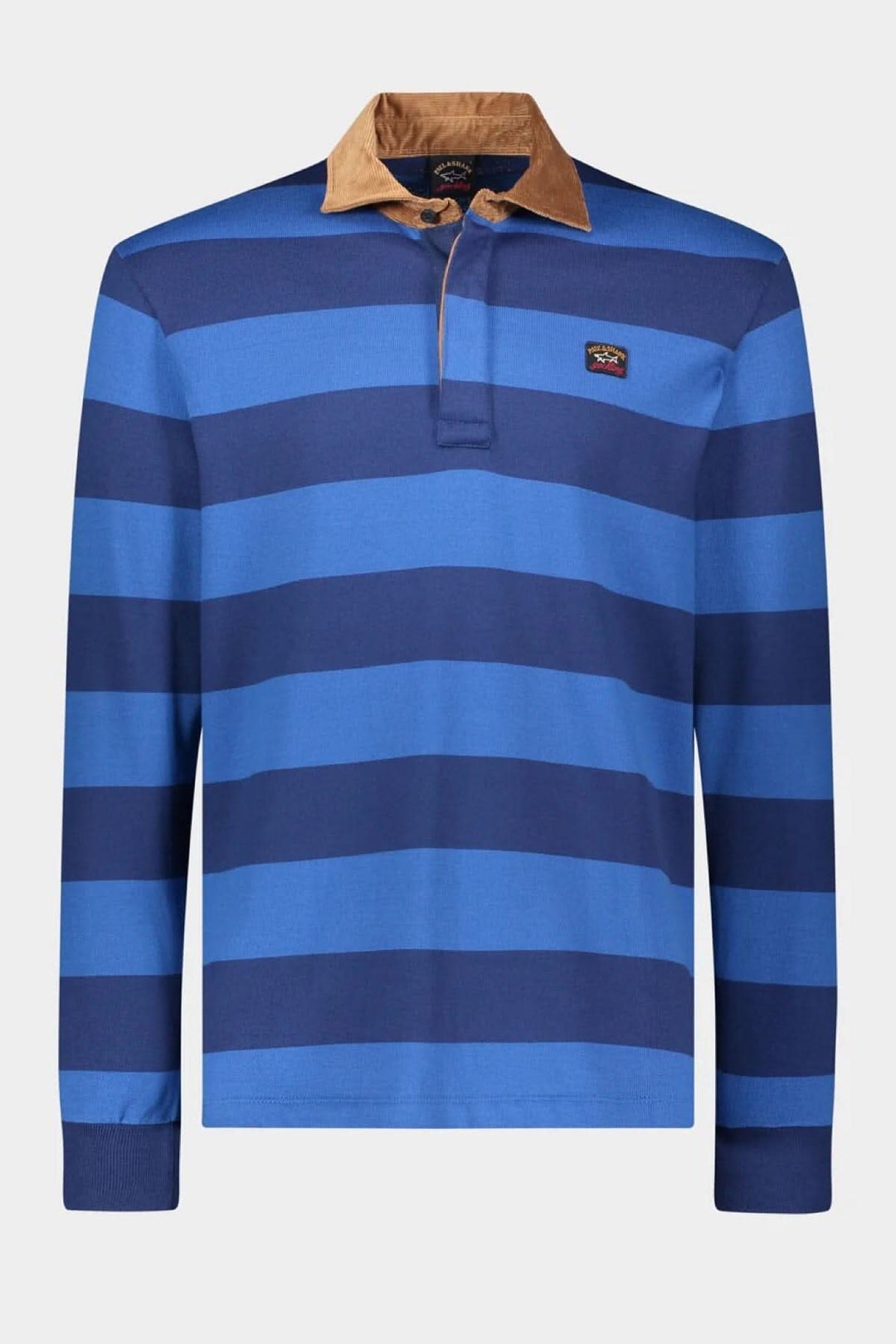 Polo rugby ligné de Paul and Shark en coton biologique, à rayures bleues et col en velours cordé pour un look élégant.