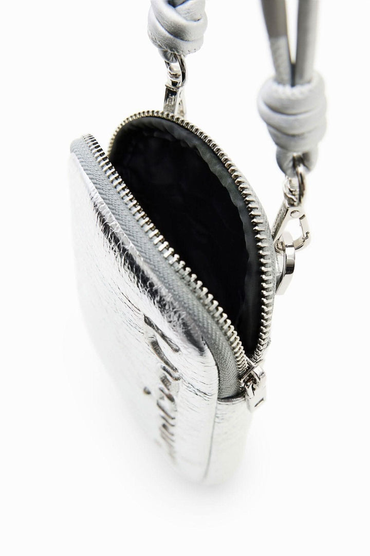 Porte-smartphone portefeuille en tissu cuir argenté avec fermeture éclair et ganse, vue intérieure.
