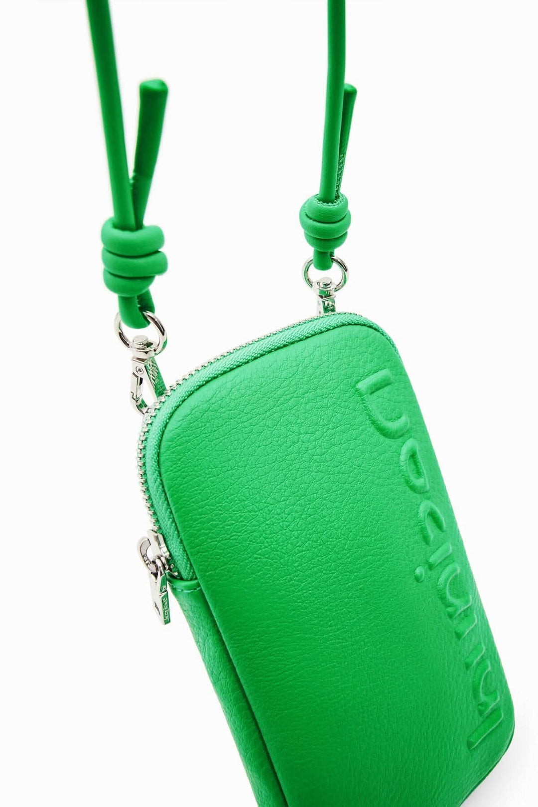 Porte-smartphone portefeuille vert en effet cuir avec cordon amovible et fermeture éclair, logo en relief.