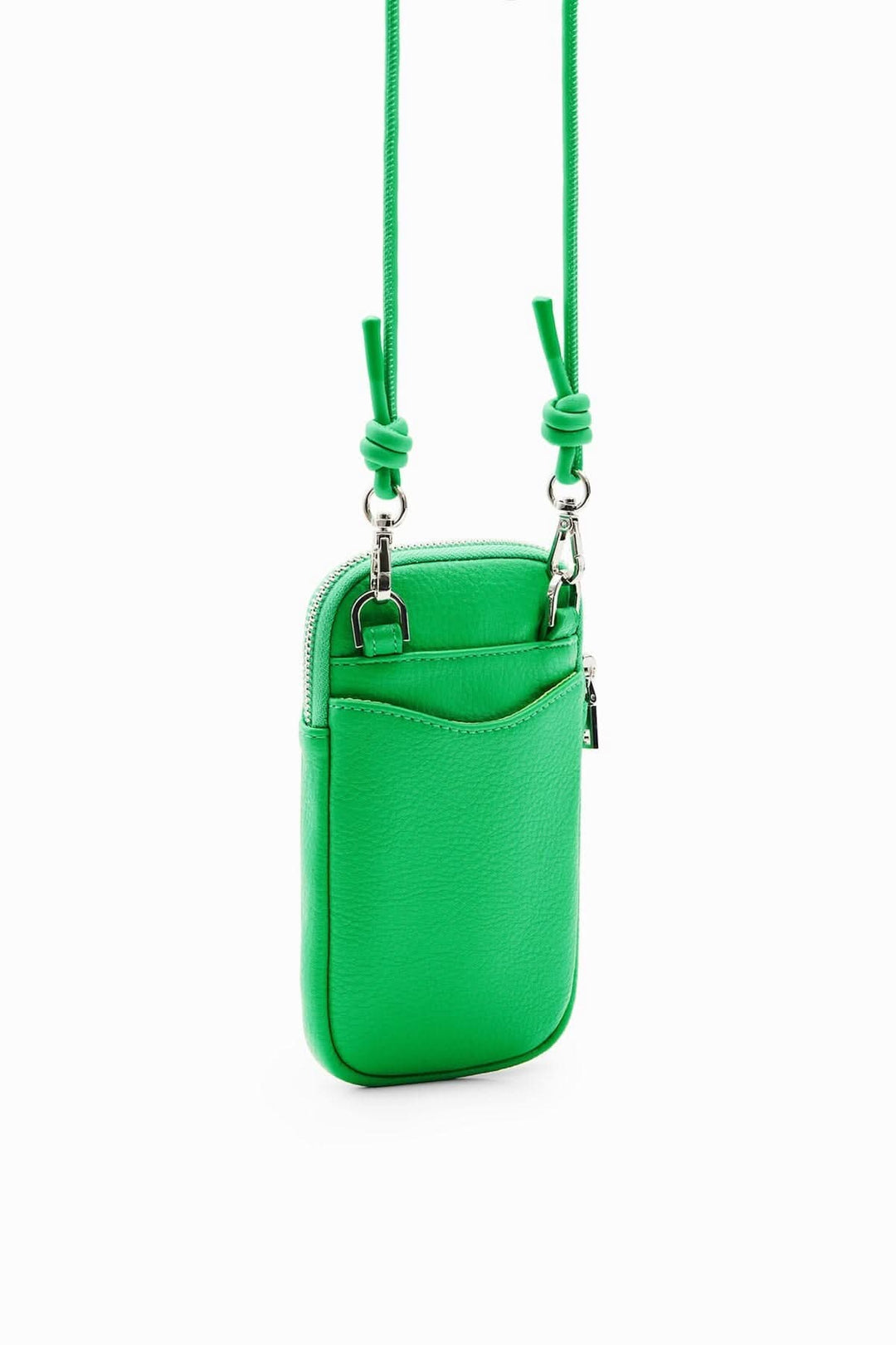 Porte-smartphone portefeuille effet cuir vert avec cordon et fermeture zippée, style moderne et pratique.