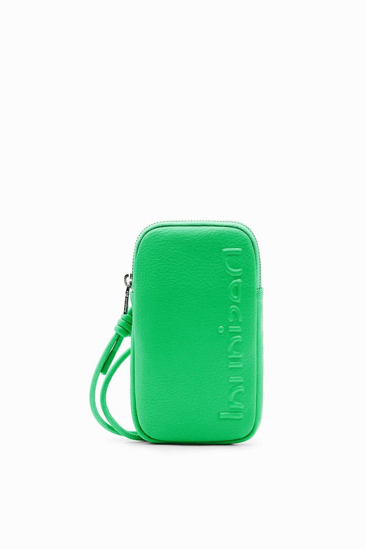 Porte-smartphone portefeuille effet cuir vert avec logo en relief et ganse pour porter comme sacoche.