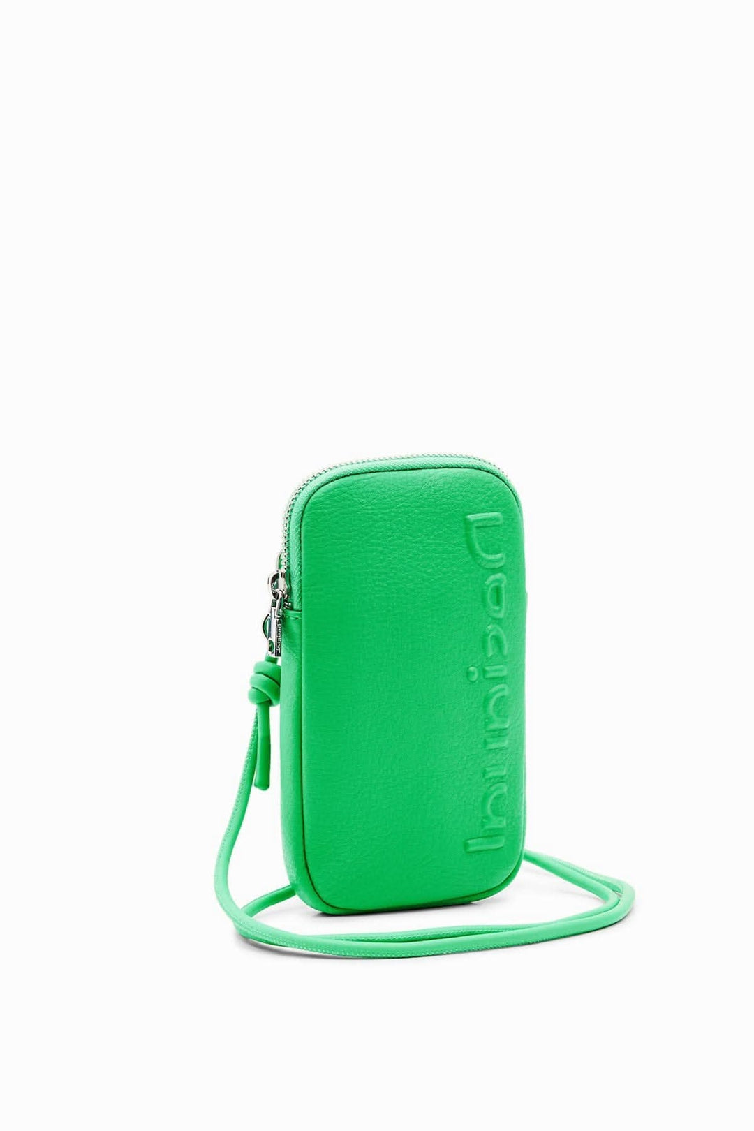 Porte-smartphone vert effet cuir avec logo en relief et ganse pour usage sacoche, fermeture éclair.
