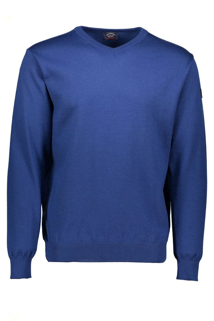 Pull en laine bleu à col en V, manches longues, finitions côtelées et logo Paul &amp; Shark.