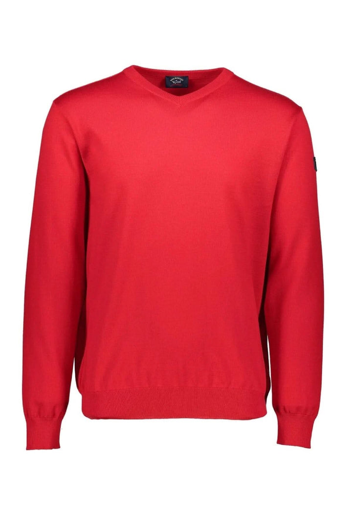 Pull en laine rouge à col en V, chaud et élégant, avec manches longues et badge logo Paul &amp; Shark.