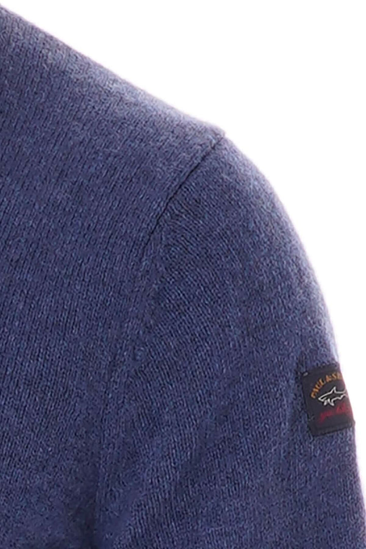 Pull en laine Shetland avec col rond, couleur bleu, détail de logo Paul &amp; Shark.