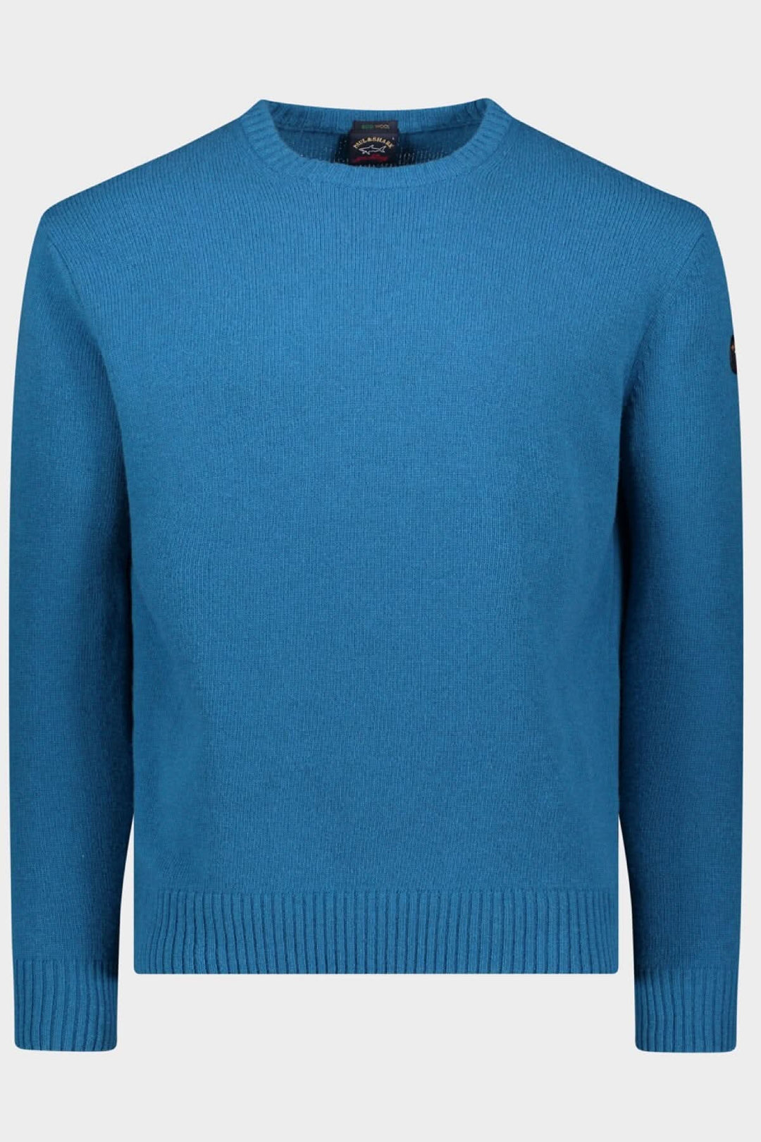 Pull en laine Shetland bleu avec col rond et finitions en tricot, collection Paul &amp; Shark.