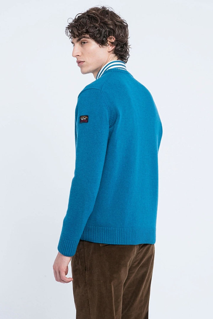Pull en laine Shetland bleu avec col rond, modèle Paul &amp; Shark, vue arrière.