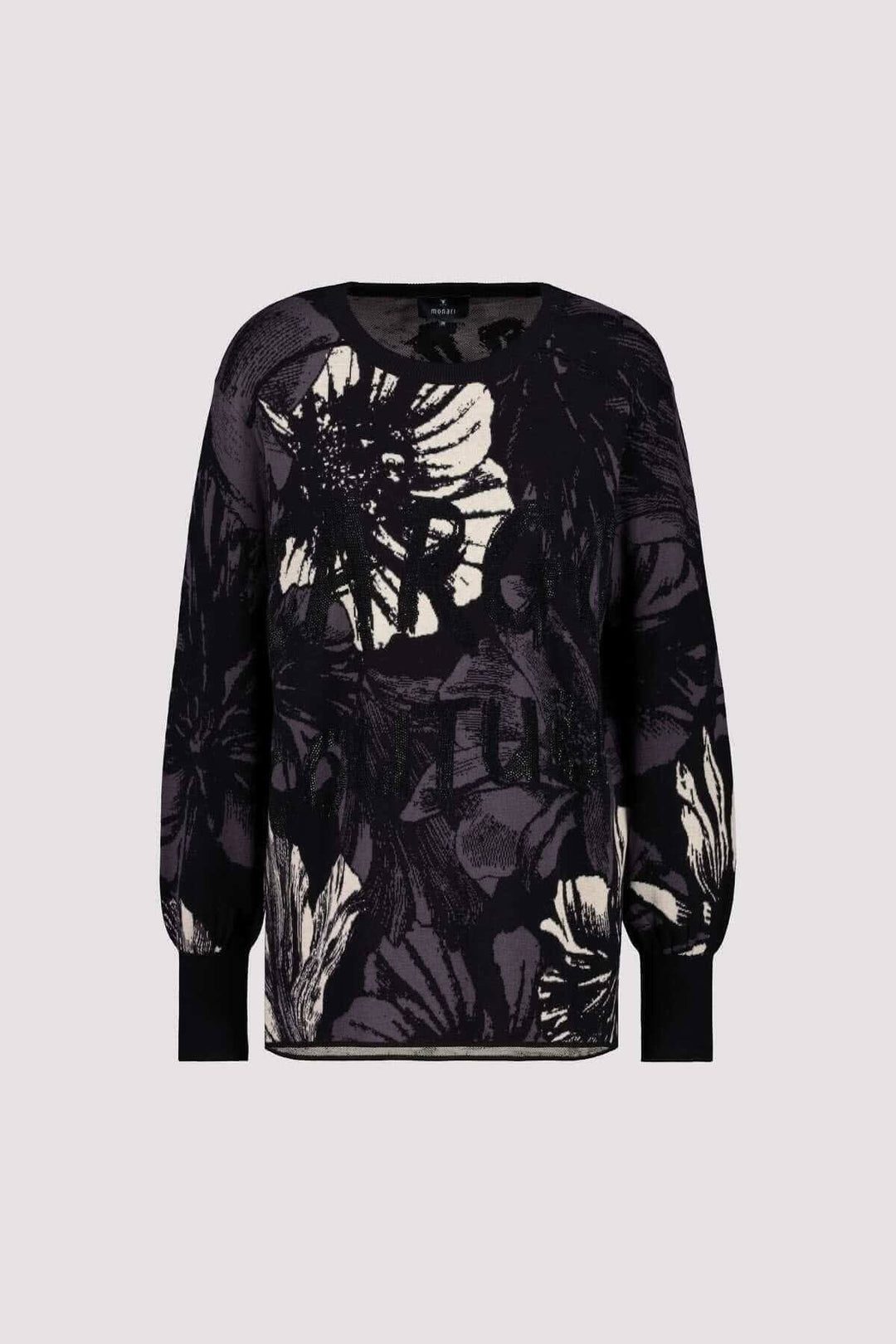 Pull en maille de coton à motif floral avec strass, coupe droite et volants aux manches.
