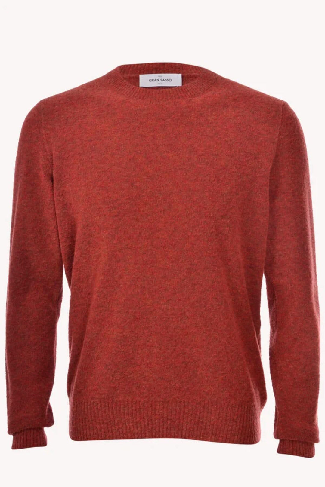 Pull texturé en laine rouge-orange, col rond, manches longues, parfait pour le temps froid.