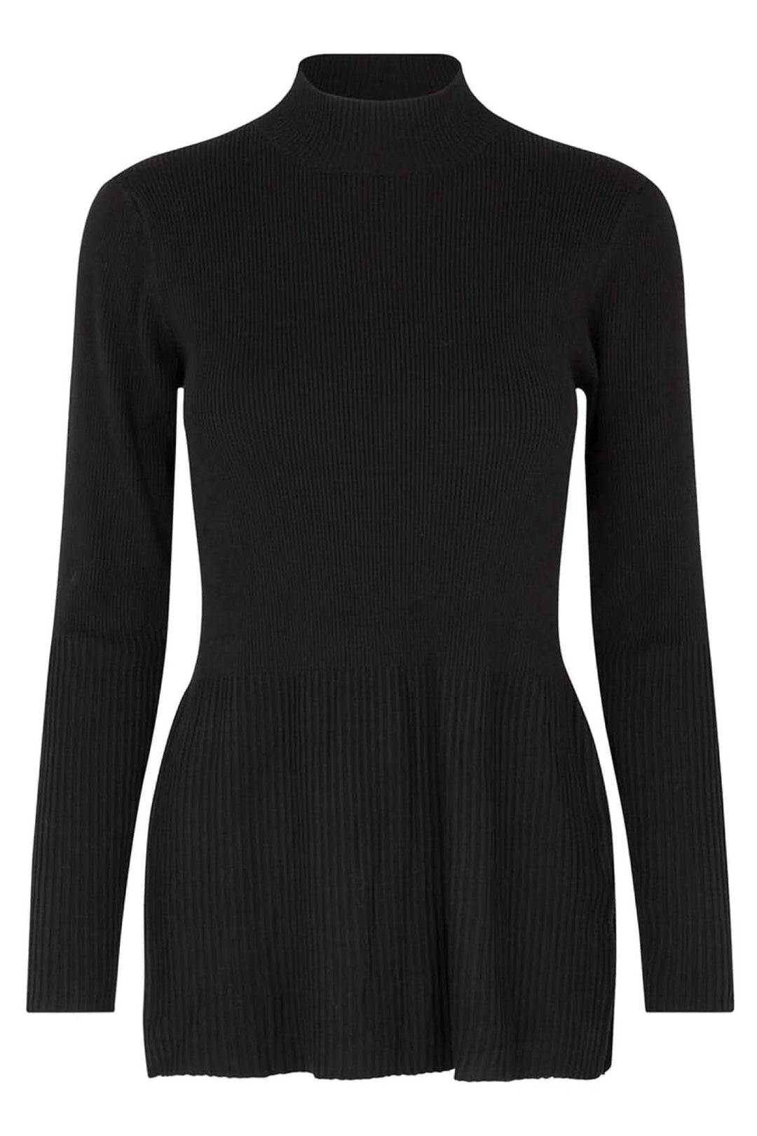 Pull tunique côtelé noir avec col roulé, confectionné dans un mélange de viscose, silhouette classique.