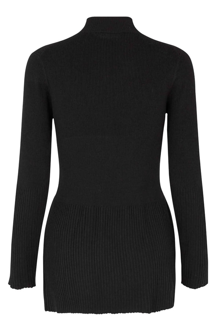 Pull tunique côtelé noir, col roulé, dos avec bord-côte, silhouette classique et confortable.
