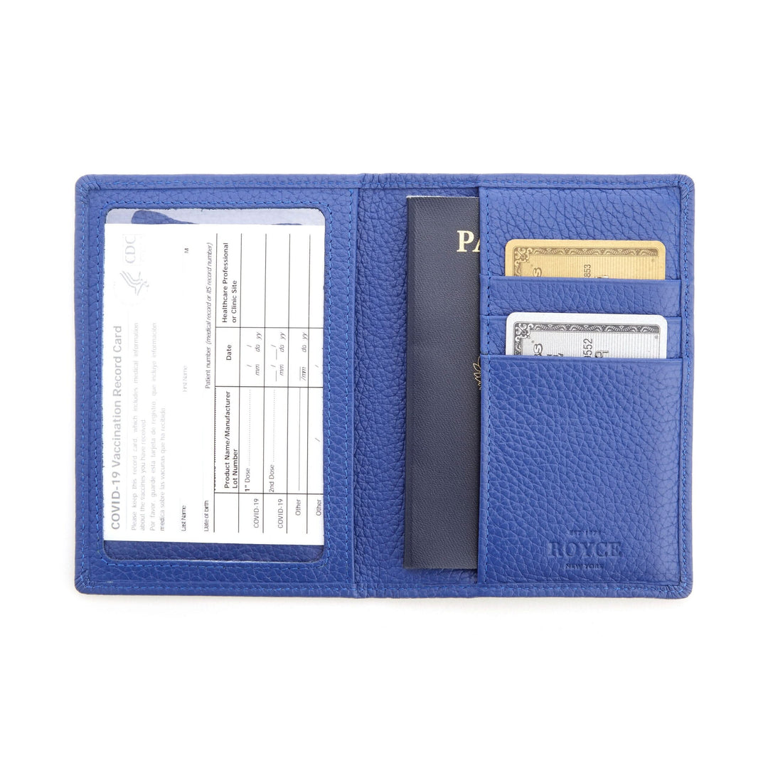 RFID blocking blue vaccine card passport wallet with clear ID window and space for documents.